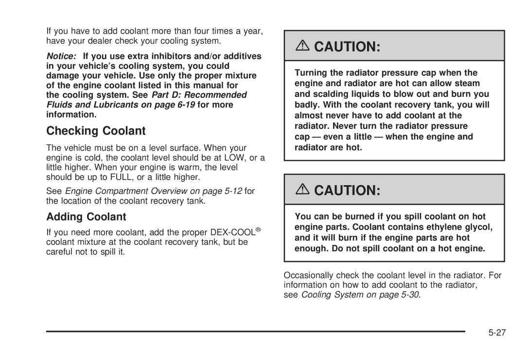 Pontiac 2006 manual Checking Coolant, Adding Coolant 