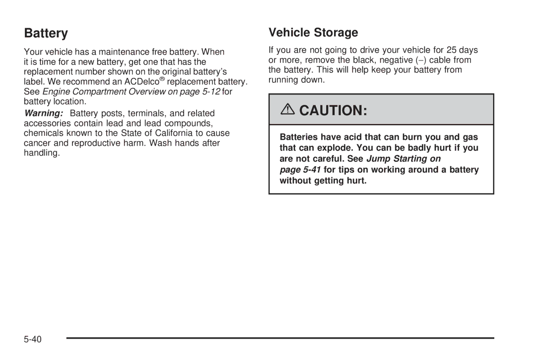 Pontiac 2006 manual Battery, Vehicle Storage 