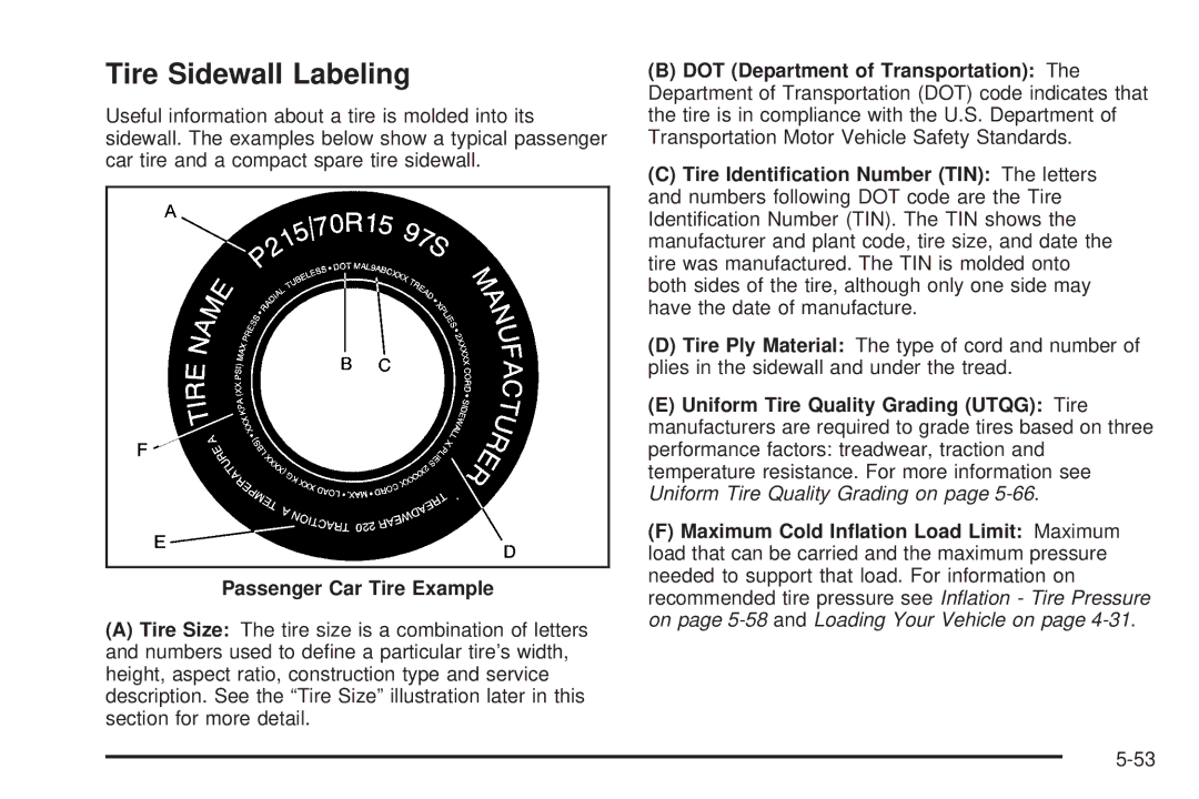 Pontiac 2006 manual Tire Sidewall Labeling, Passenger Car Tire Example 