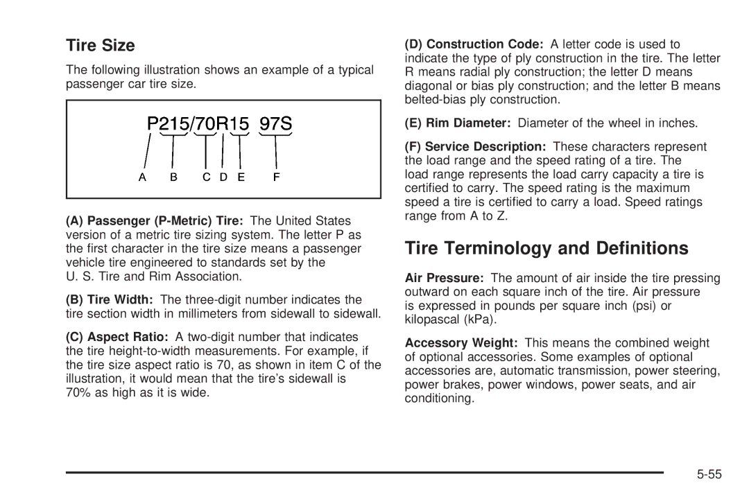 Pontiac 2006 manual Tire Terminology and Deﬁnitions, Tire Size 