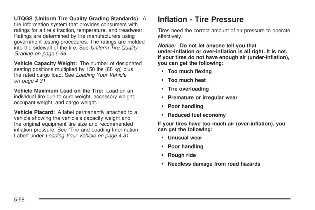 Pontiac 2006 manual Inﬂation Tire Pressure, Utqgs Uniform Tire Quality Grading Standards a 