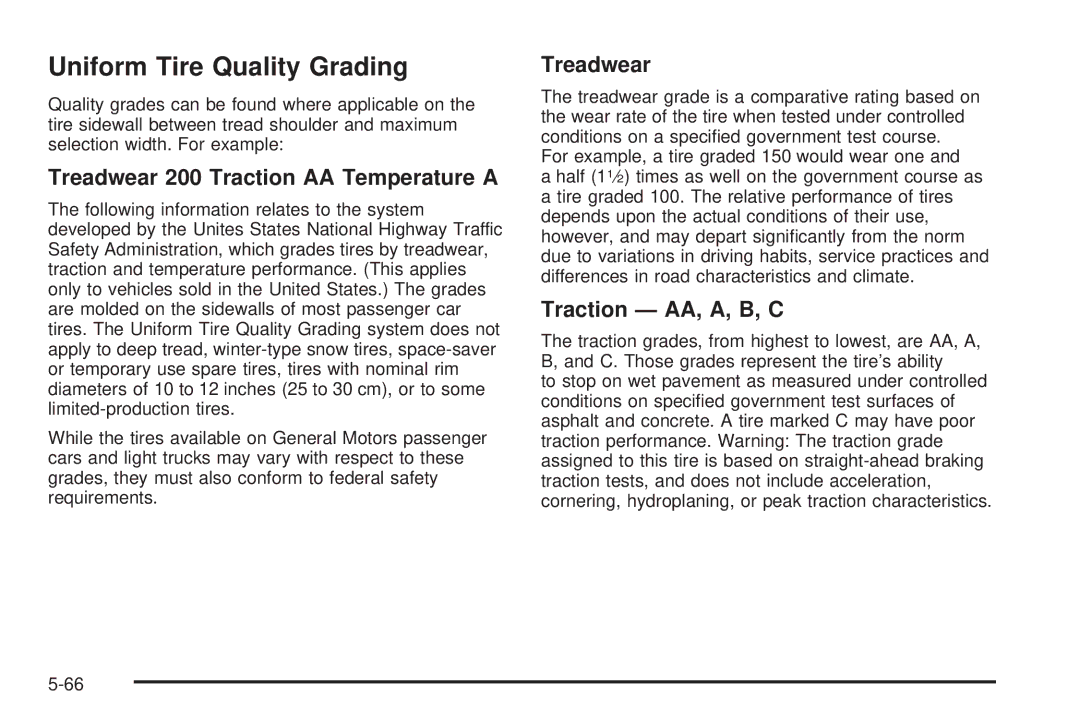 Pontiac 2006 manual Uniform Tire Quality Grading, Treadwear 200 Traction AA Temperature a, Traction AA, A, B, C 