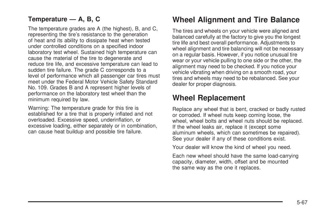 Pontiac 2006 manual Wheel Alignment and Tire Balance, Wheel Replacement, Temperature A, B, C 