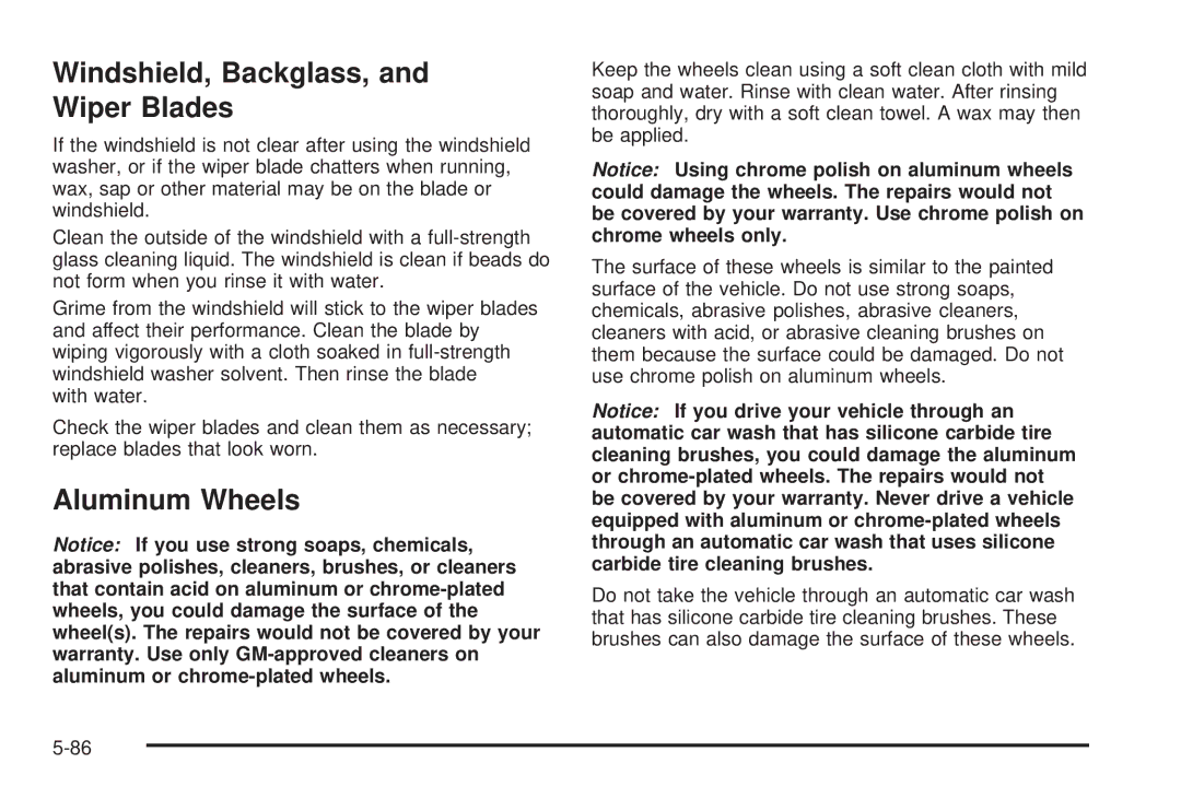 Pontiac 2006 manual Windshield, Backglass, and Wiper Blades, Aluminum Wheels 