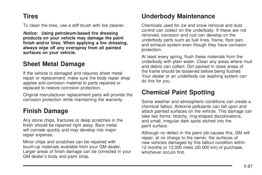 Pontiac 2006 manual Tires, Sheet Metal Damage, Finish Damage, Underbody Maintenance, Chemical Paint Spotting 