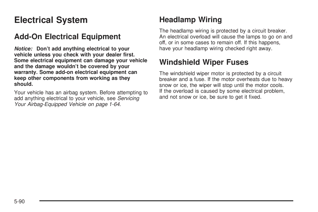 Pontiac 2006 manual Electrical System, Add-On Electrical Equipment, Headlamp Wiring, Windshield Wiper Fuses 