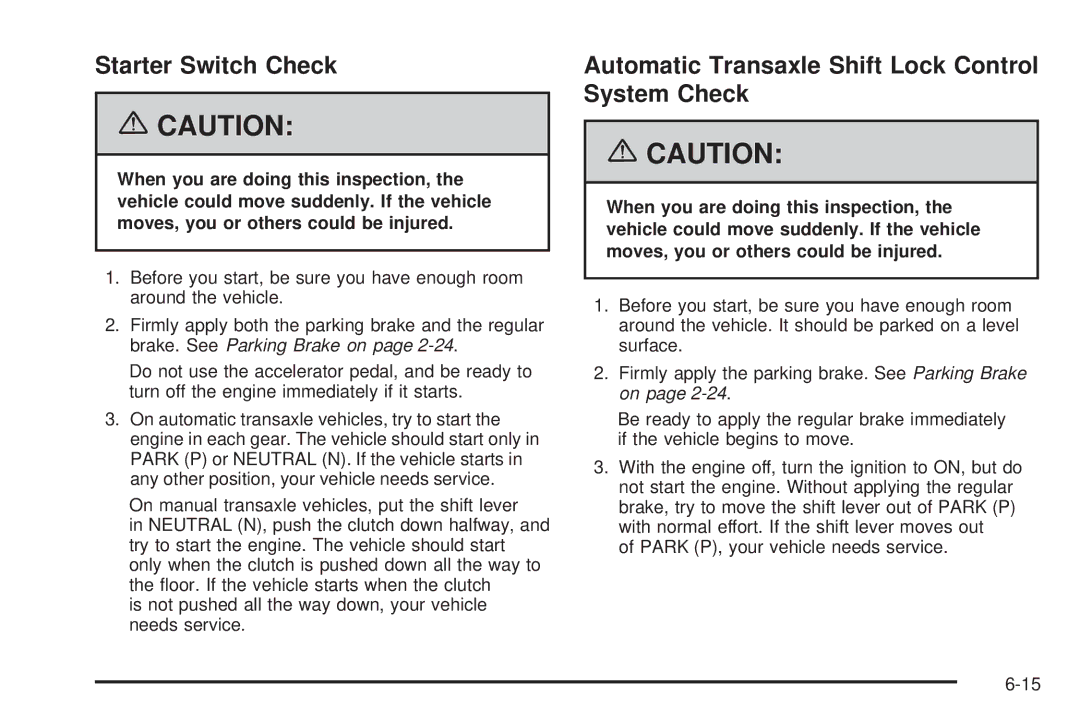 Pontiac 2006 manual Starter Switch Check, Automatic Transaxle Shift Lock Control System Check 