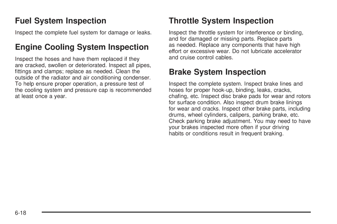 Pontiac 2006 Fuel System Inspection, Engine Cooling System Inspection, Throttle System Inspection, Brake System Inspection 