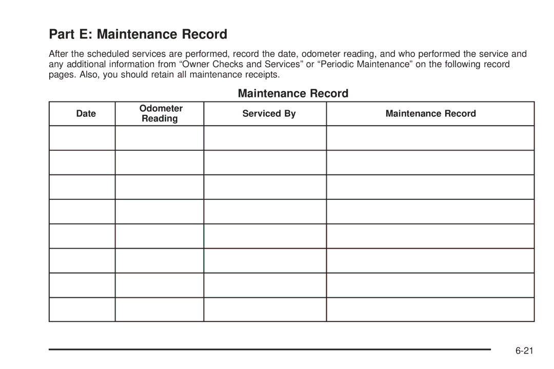 Pontiac 2006 manual Part E Maintenance Record, Date Odometer Reading Serviced By Maintenance Record 