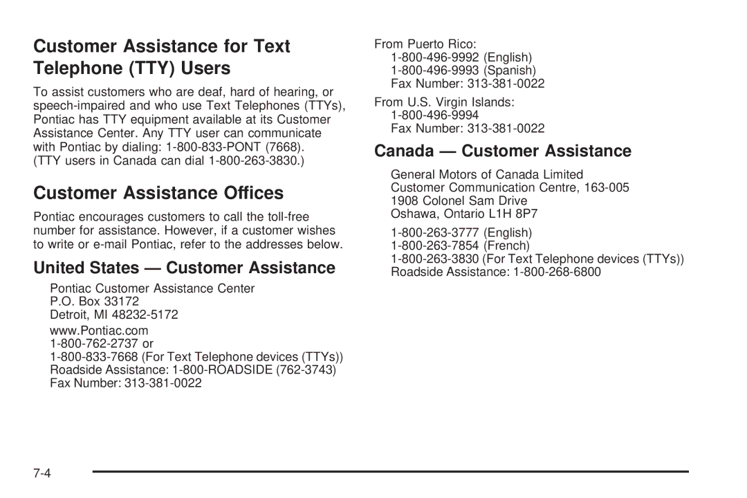 Pontiac 2006 Customer Assistance for Text Telephone TTY Users, Customer Assistance Offices, Canada Customer Assistance 