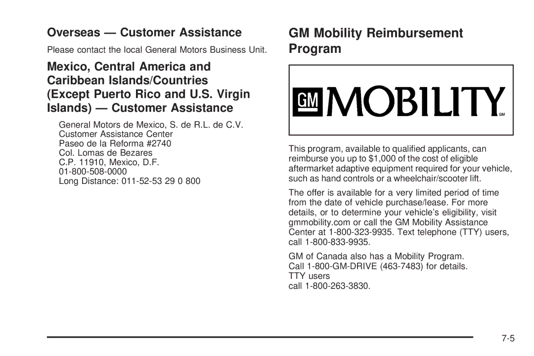 Pontiac 2006 manual GM Mobility Reimbursement Program, Overseas Customer Assistance 