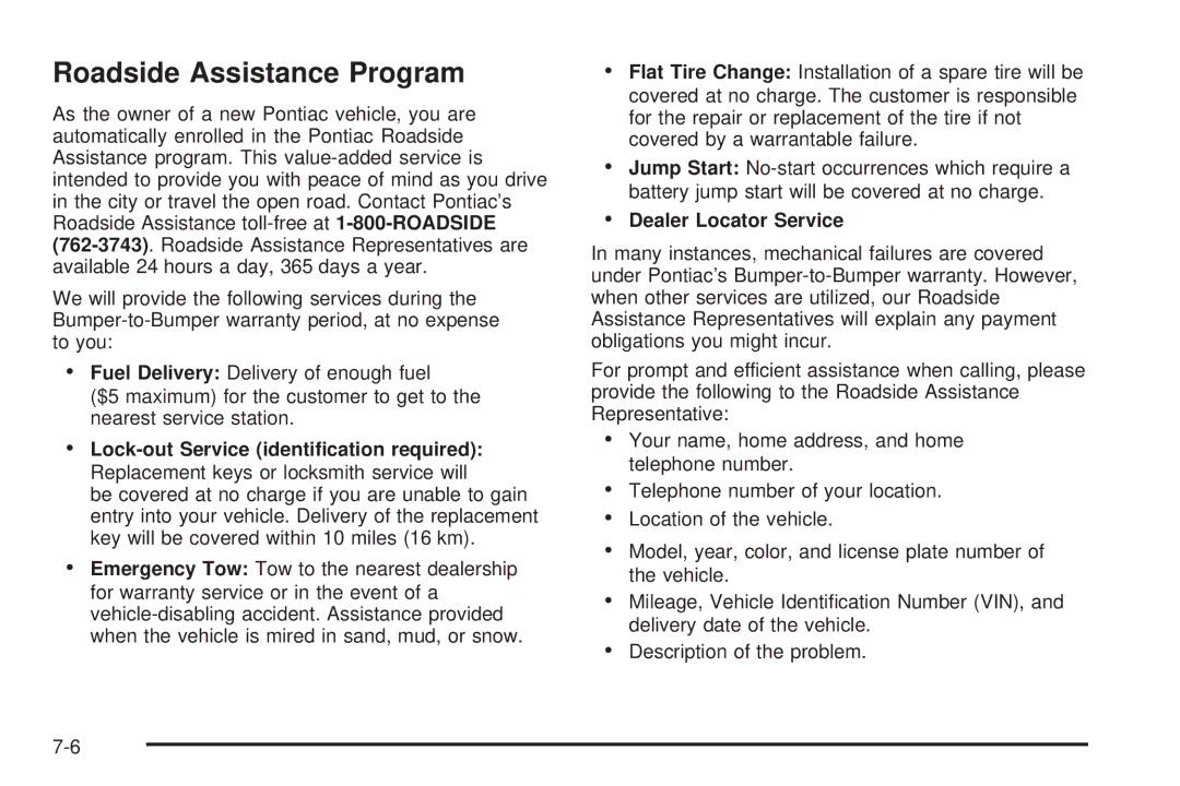 Pontiac 2006 manual Roadside Assistance Program, Dealer Locator Service 