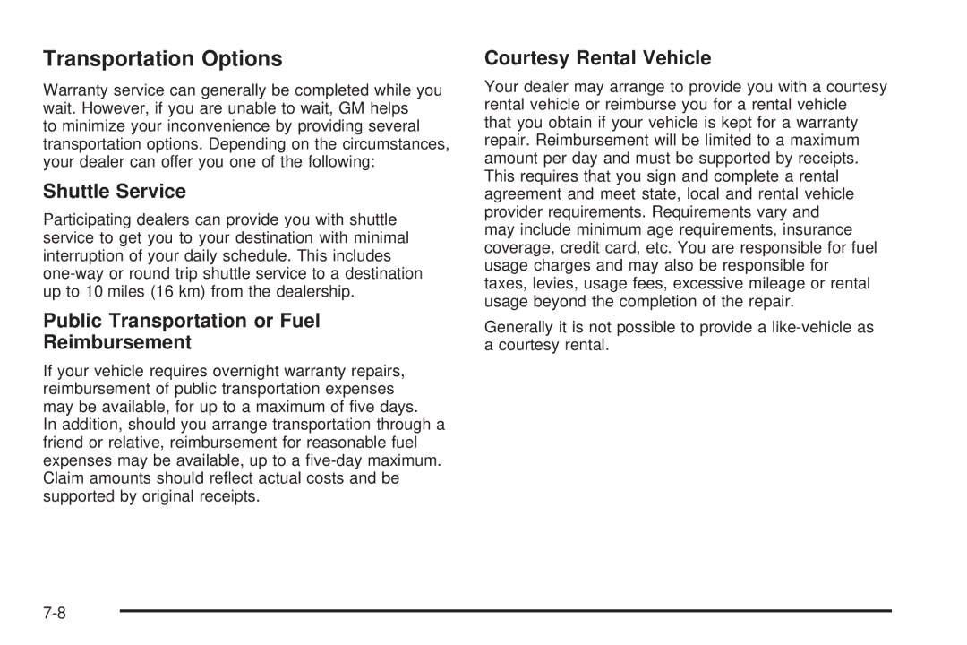 Pontiac 2006 Transportation Options, Shuttle Service, Public Transportation or Fuel Reimbursement, Courtesy Rental Vehicle 