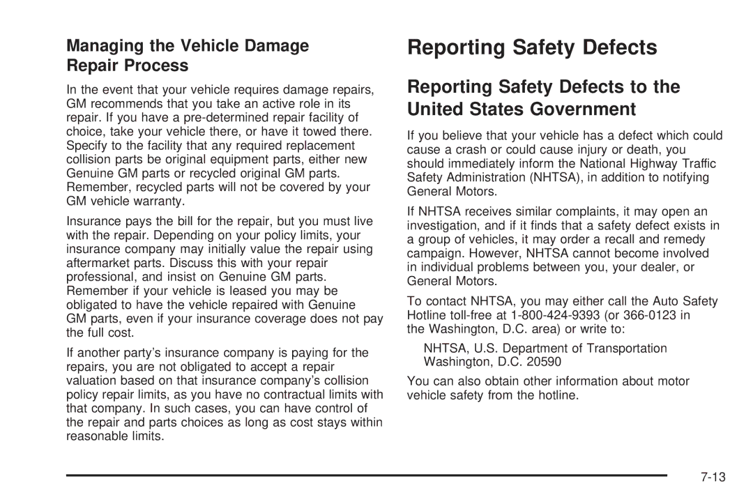 Pontiac 2006 Reporting Safety Defects to the United States Government, Managing the Vehicle Damage Repair Process 