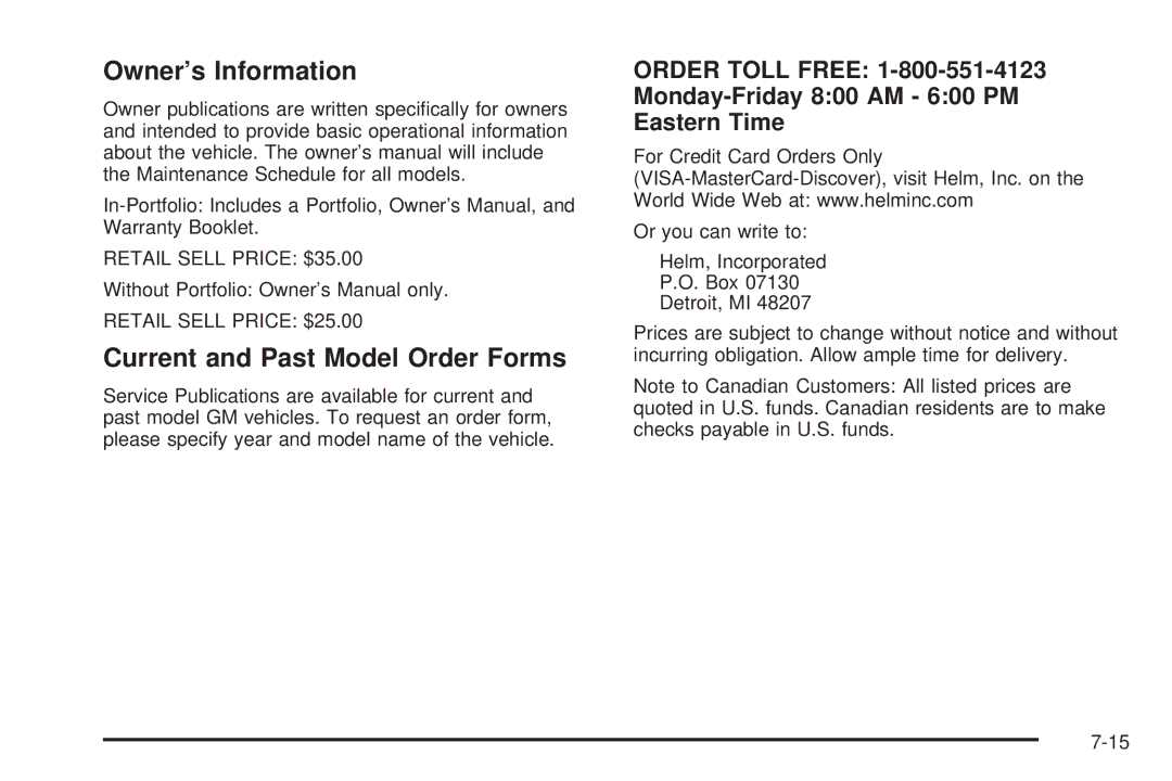 Pontiac 2006 manual Owner’s Information, Current and Past Model Order Forms 