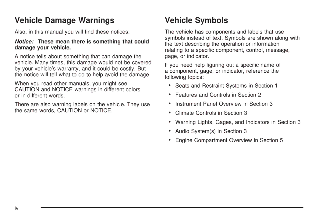 Pontiac 2006 manual Vehicle Damage Warnings, Vehicle Symbols 