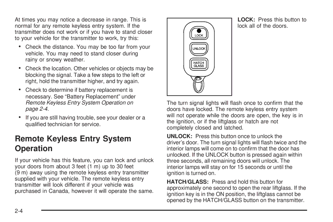 Pontiac 2006 manual Remote Keyless Entry System Operation 