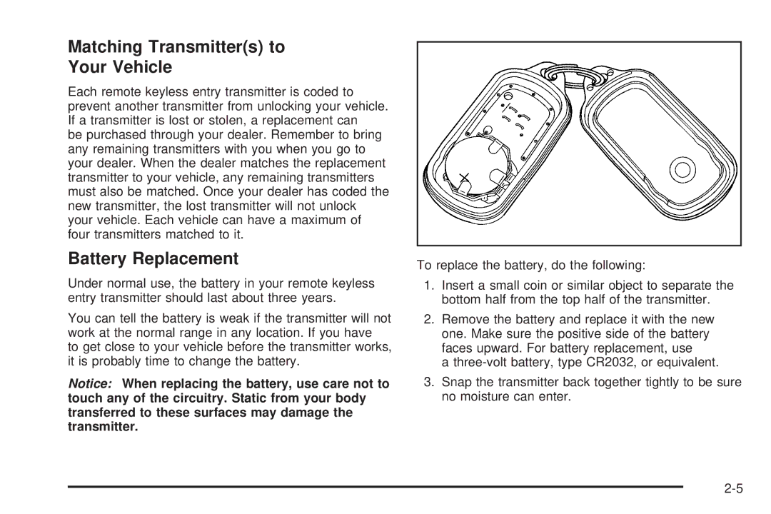 Pontiac 2006 manual Matching Transmitters to Your Vehicle, Battery Replacement 