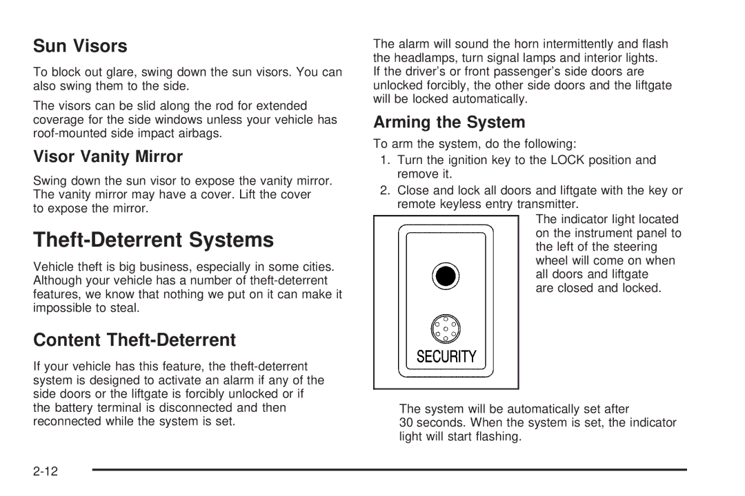 Pontiac 2006 manual Theft-Deterrent Systems, Sun Visors, Content Theft-Deterrent, Visor Vanity Mirror, Arming the System 