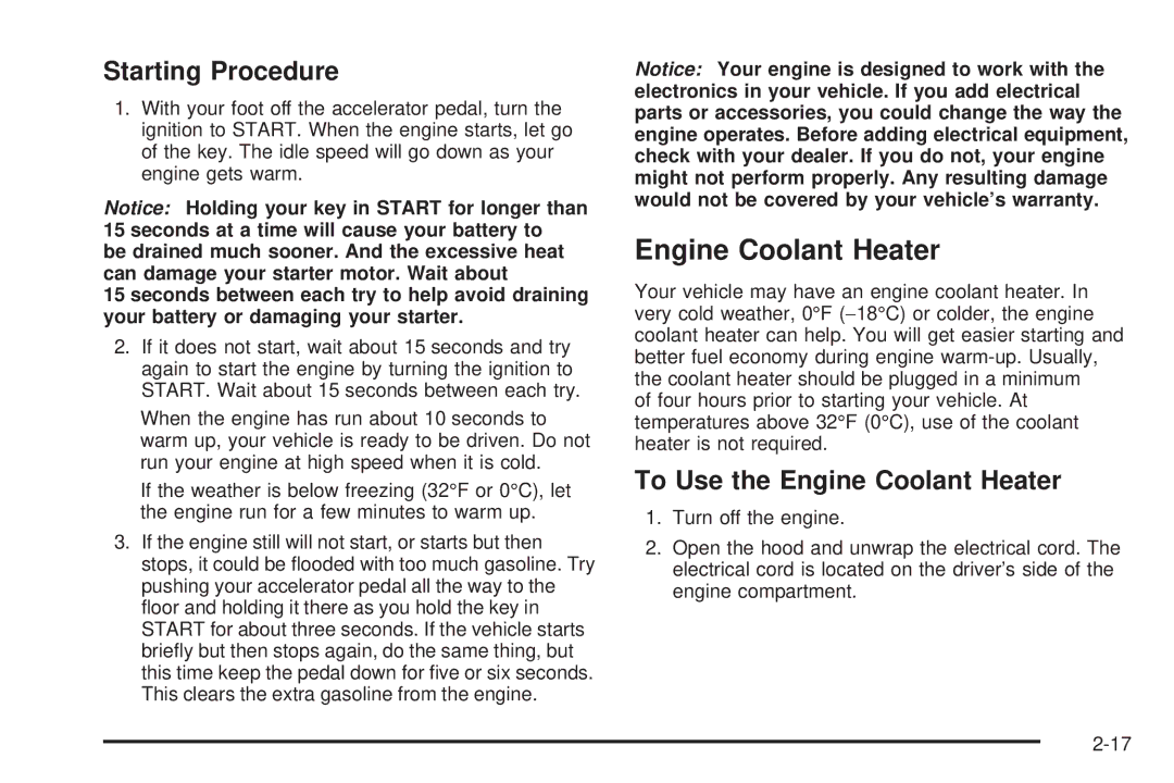 Pontiac 2006 manual Starting Procedure, To Use the Engine Coolant Heater 