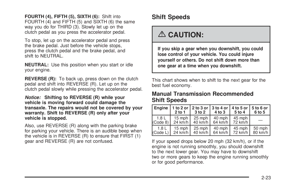 Pontiac 2006 manual Manual Transmission Recommended Shift Speeds 