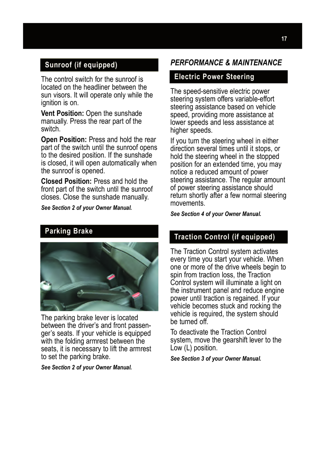 Pontiac G5 manual Performance & Maintenance, Sunroof if equipped, Parking Brake, Electric Power Steering 