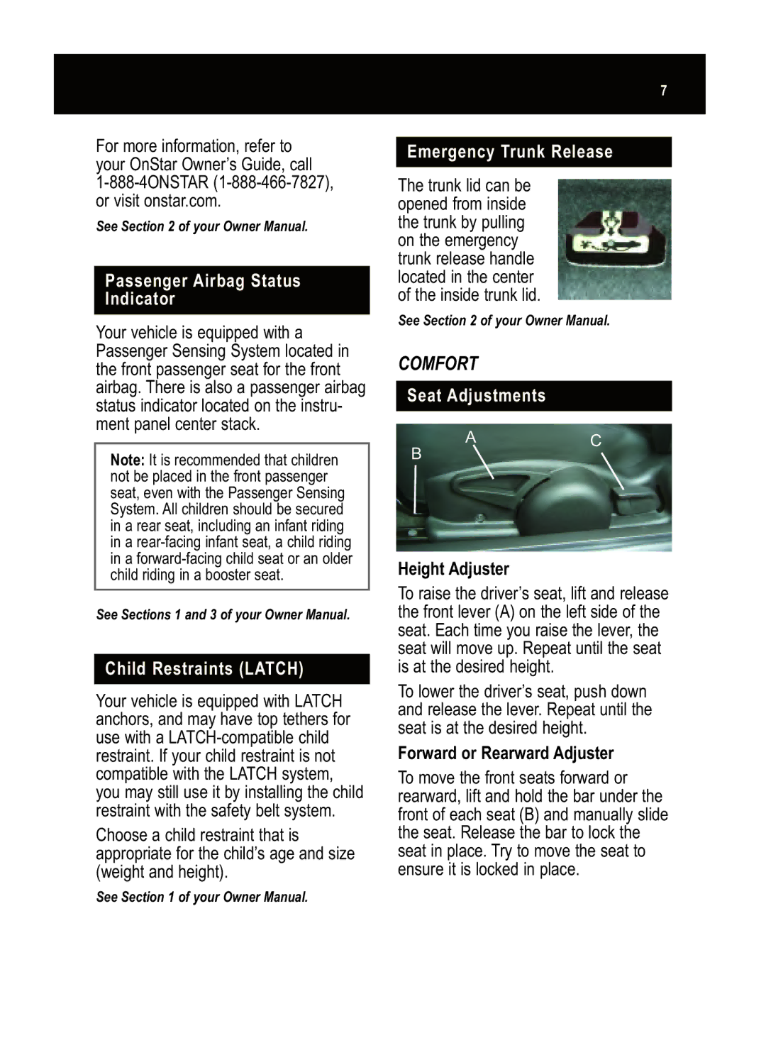 Pontiac G5 Comfort, Passenger Airbag Status Indicator, Emergency Trunk Release The trunk lid can be, Seat Adjustments 