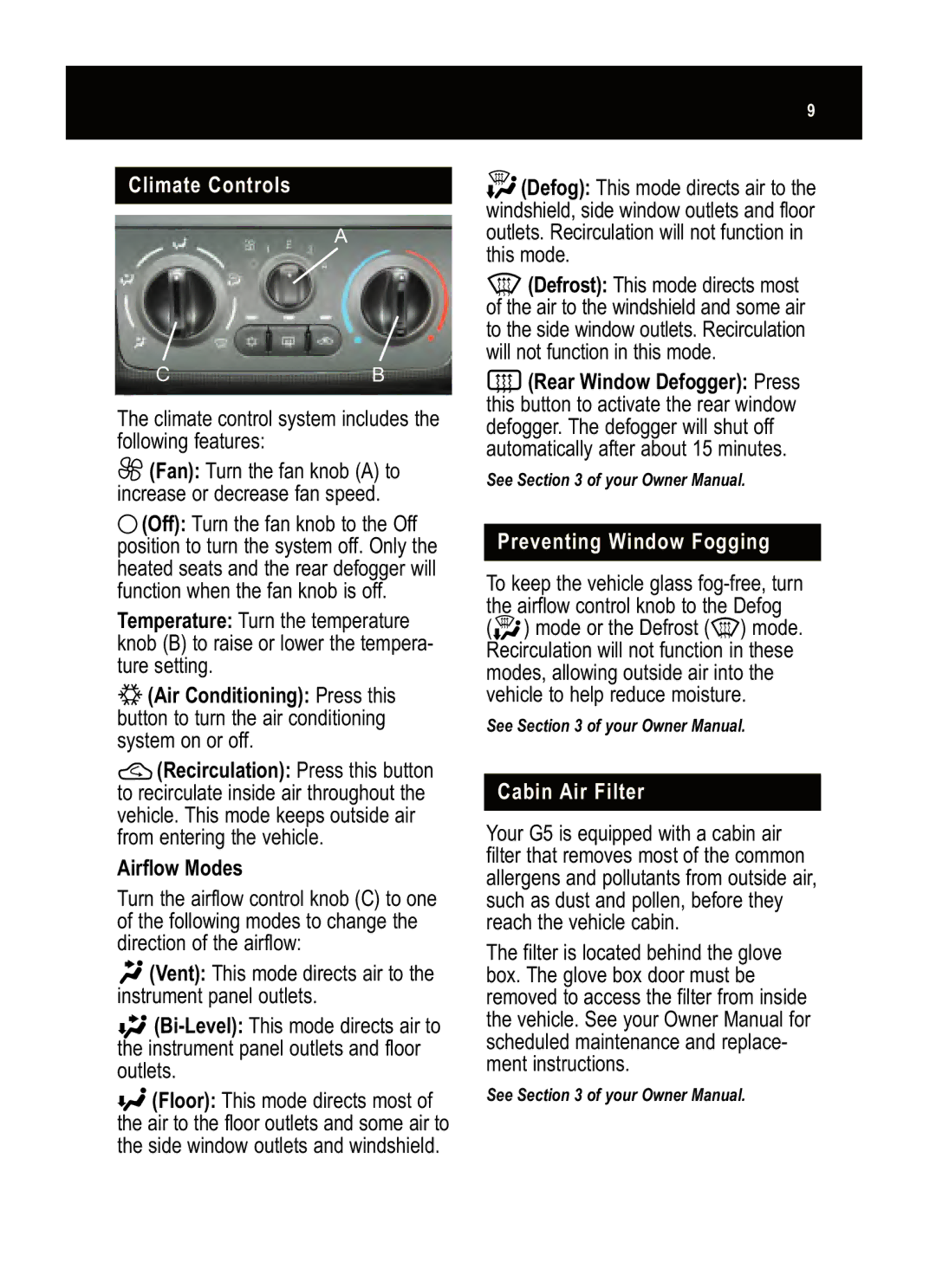 Pontiac G5 manual Climate Controls, Airflow Modes, Cabin Air Filter 