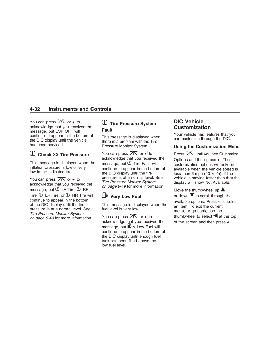 Pontiac G8 manual DIC Vehicle Customization, Check XX Tire Pressure, Tire Pressure System Fault, Very Low Fuel 