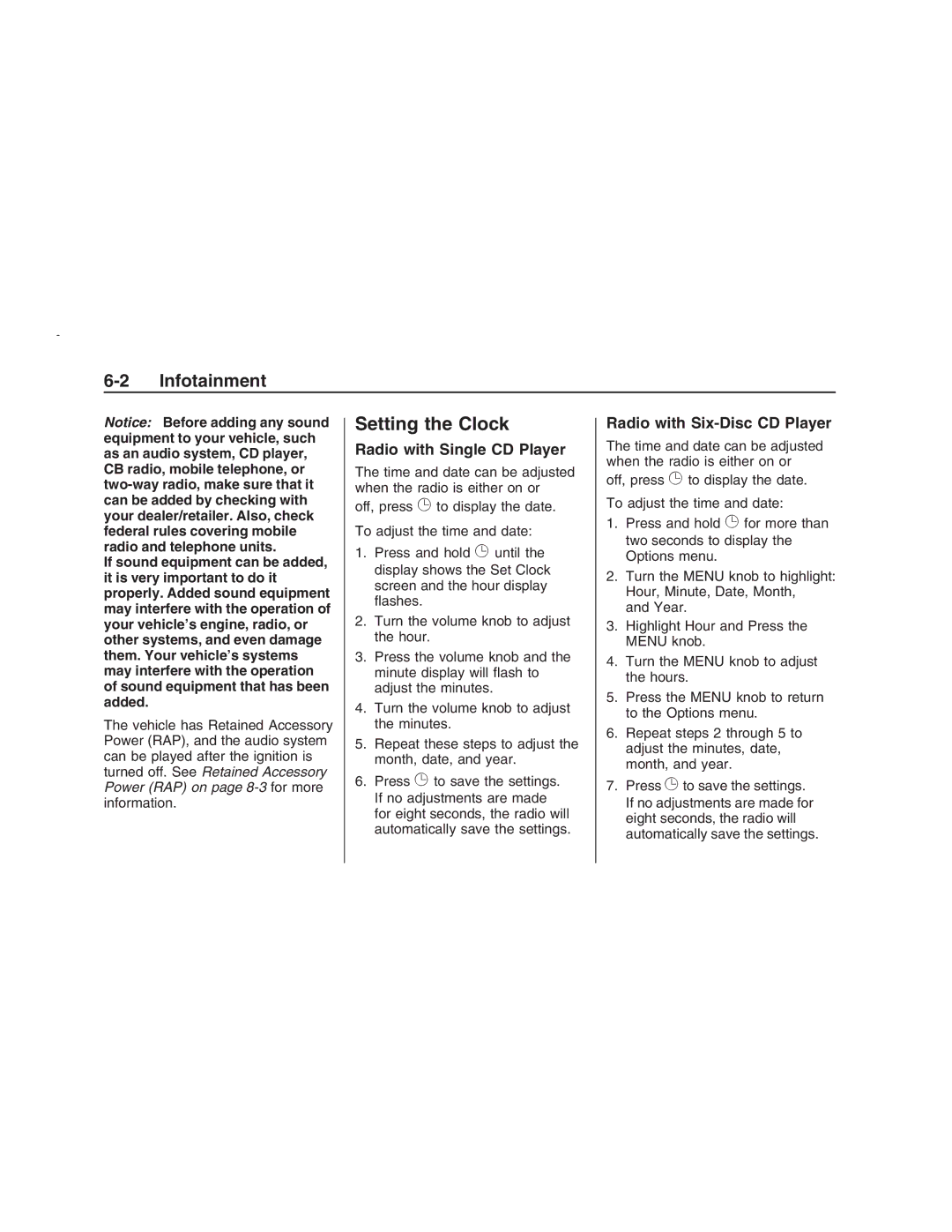 Pontiac G8 manual Setting the Clock, Radio with Single CD Player, Radio with Six-Disc CD Player 