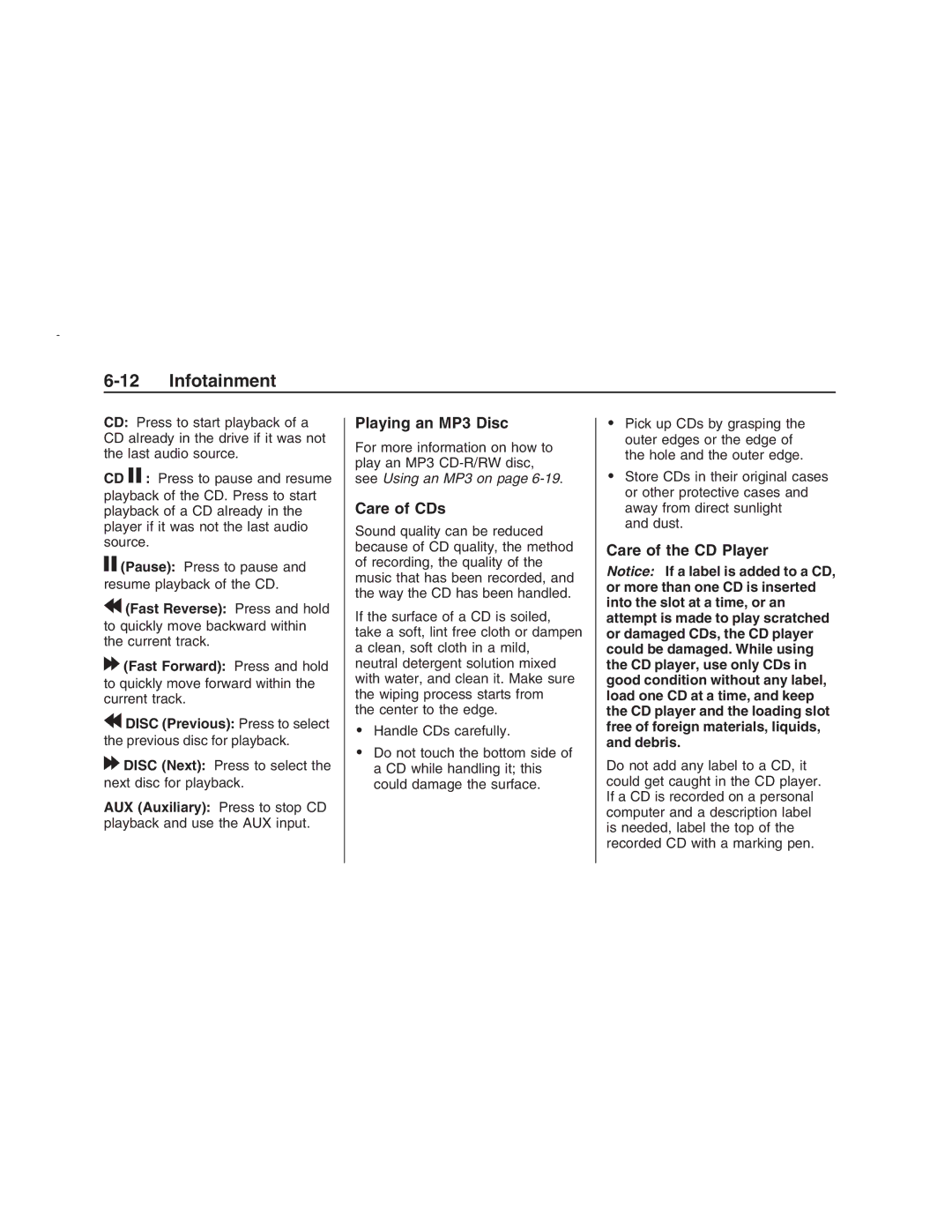 Pontiac G8 manual Playing an MP3 Disc, Care of CDs, Care of the CD Player 