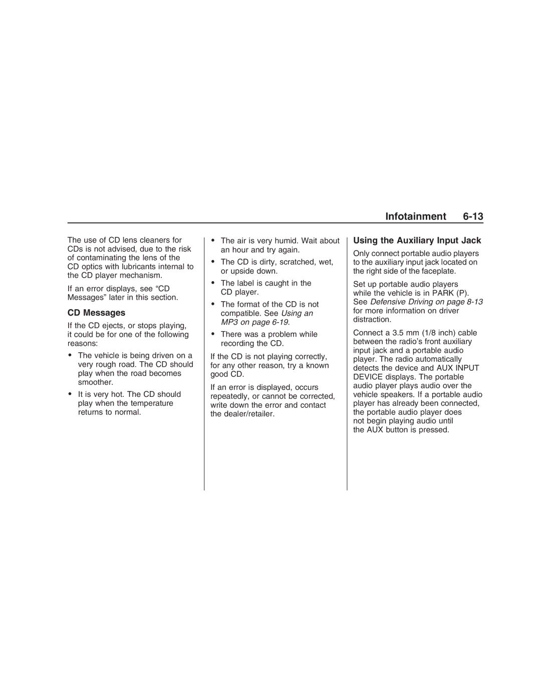 Pontiac G8 manual CD Messages, Using the Auxiliary Input Jack 