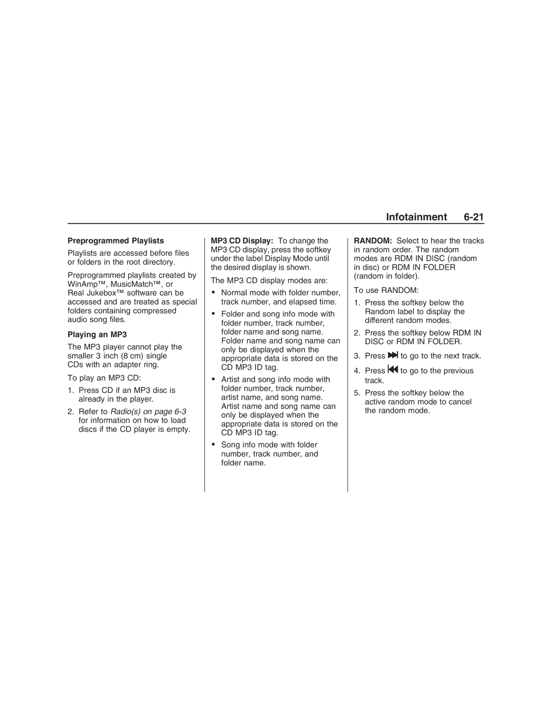 Pontiac G8 manual Preprogrammed Playlists, Playing an MP3 