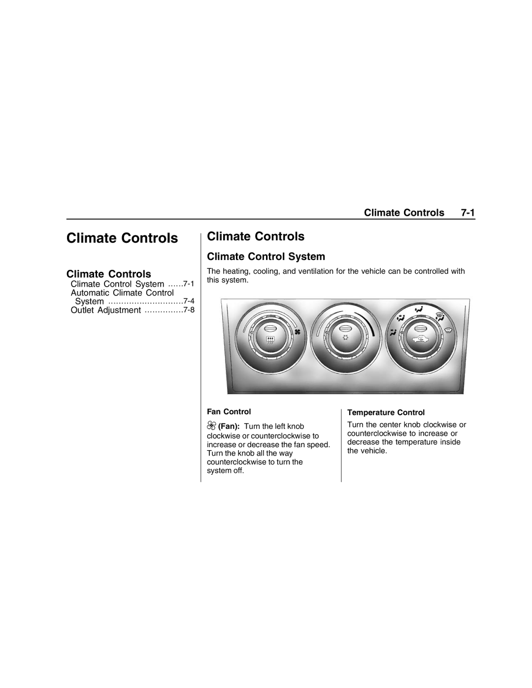 Pontiac G8 manual Climate Controls, Climate Control System, Fan Control, Temperature Control 