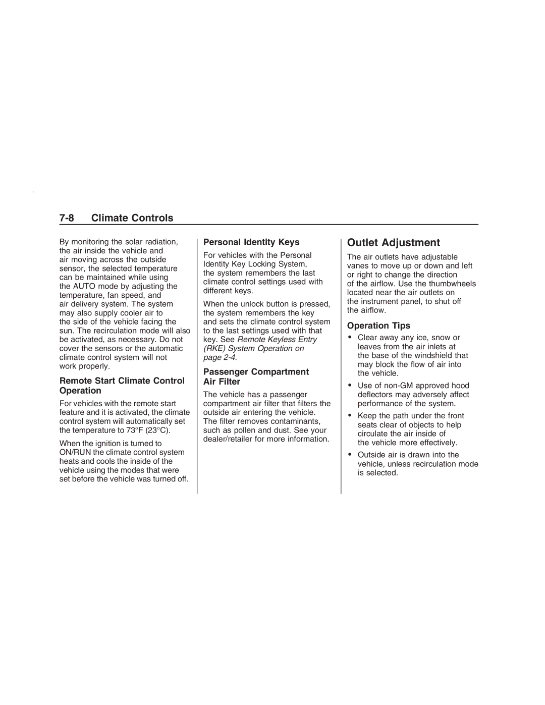 Pontiac G8 manual Outlet Adjustment, Remote Start Climate Control Operation, Operation Tips 