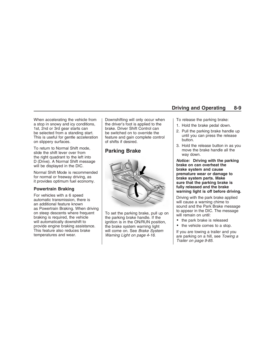 Pontiac G8 manual Parking Brake, Powertrain Braking 