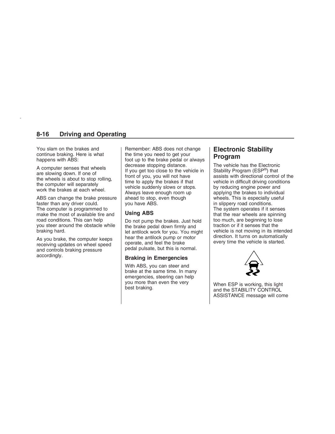 Pontiac G8 manual Electronic Stability Program, Using ABS, Braking in Emergencies 