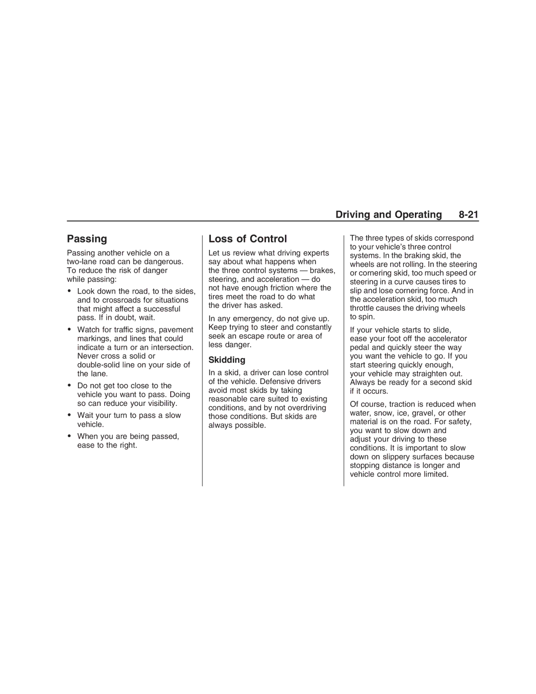 Pontiac G8 manual Passing, Loss of Control, Skidding 