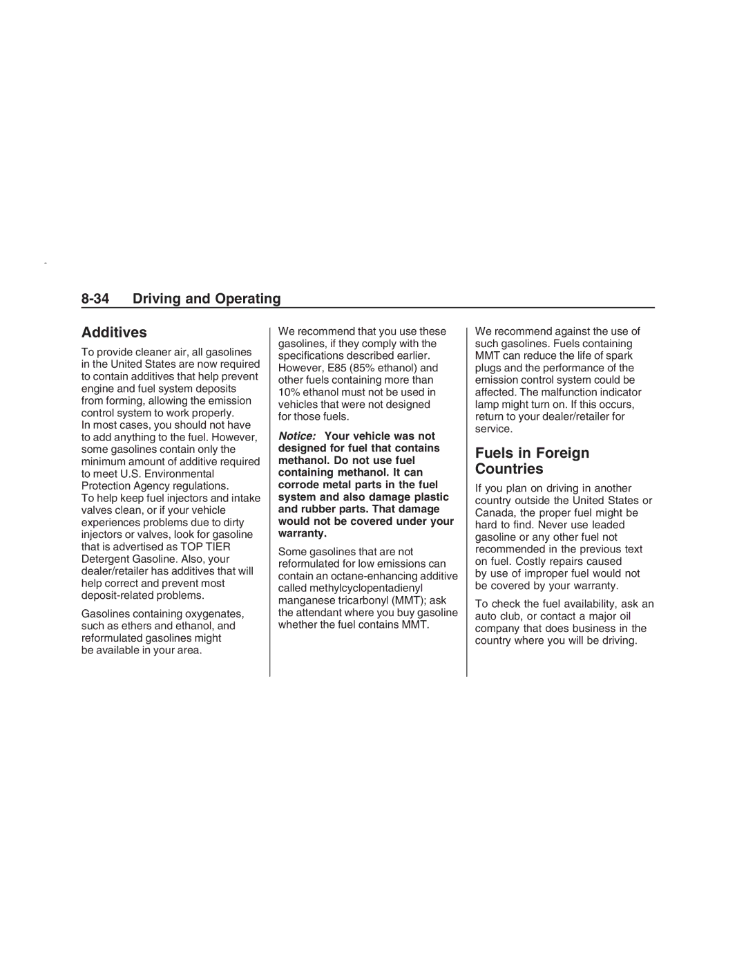 Pontiac G8 manual Additives, Fuels in Foreign Countries 