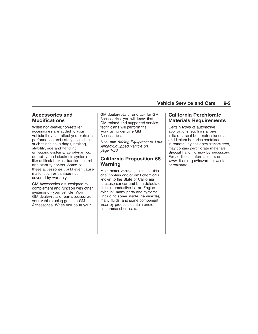 Pontiac G8 Accessories Modiﬁcations, California Proposition 65 Warning, California Perchlorate Materials Requirements 