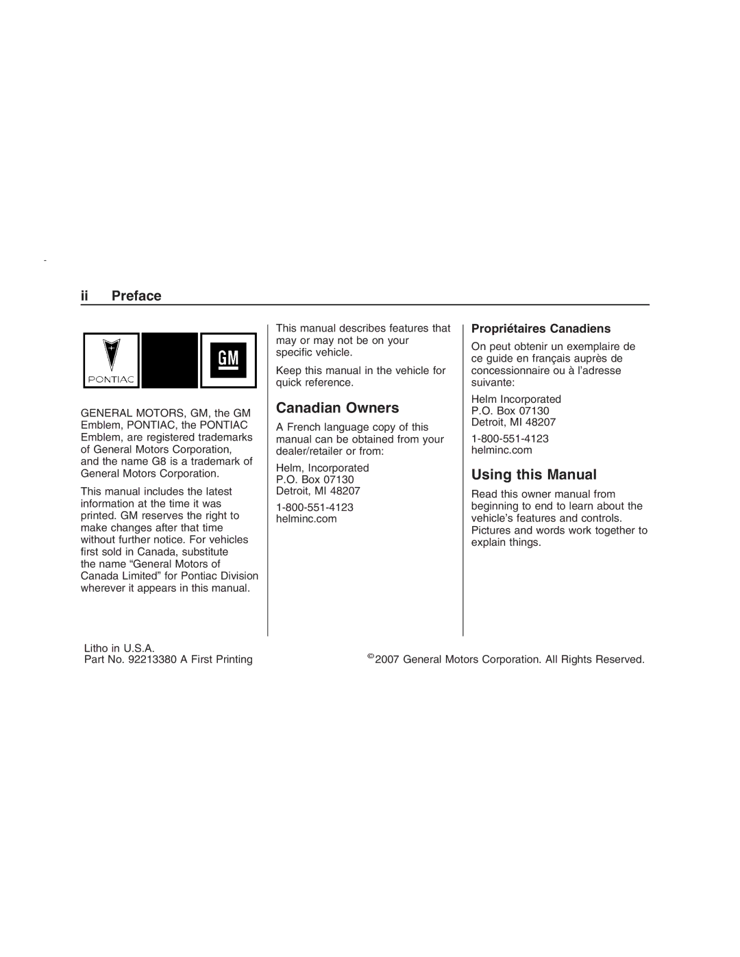 Pontiac G8 manual Canadian Owners, Using this Manual, Propriétaires Canadiens 