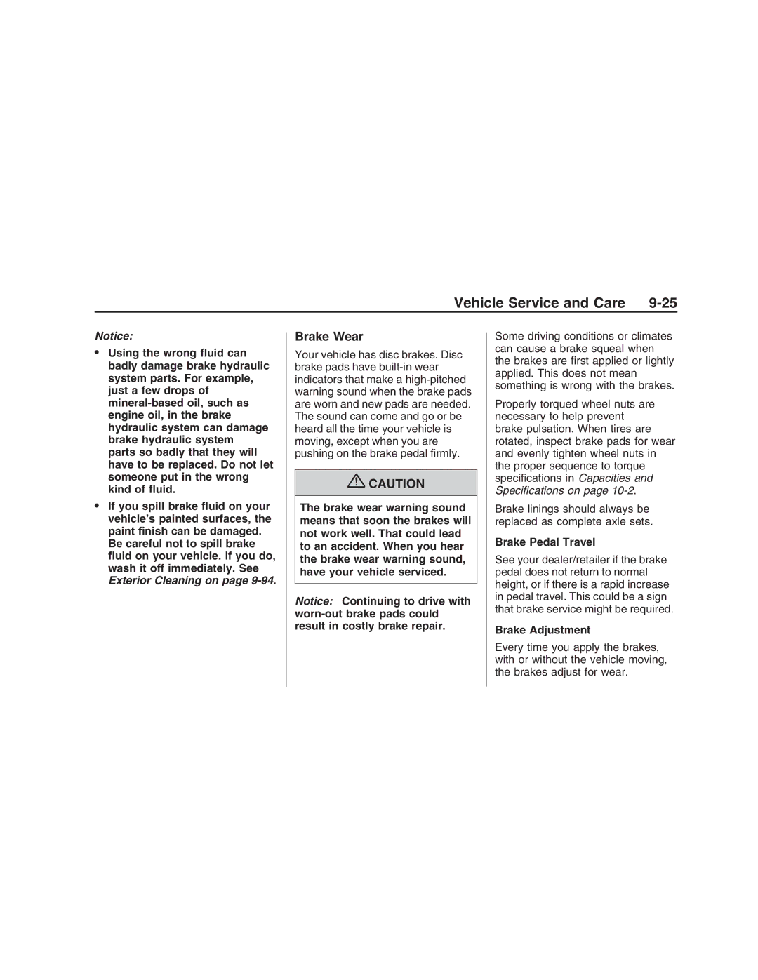 Pontiac G8 manual Brake Wear, Brake Pedal Travel, Brake Adjustment 