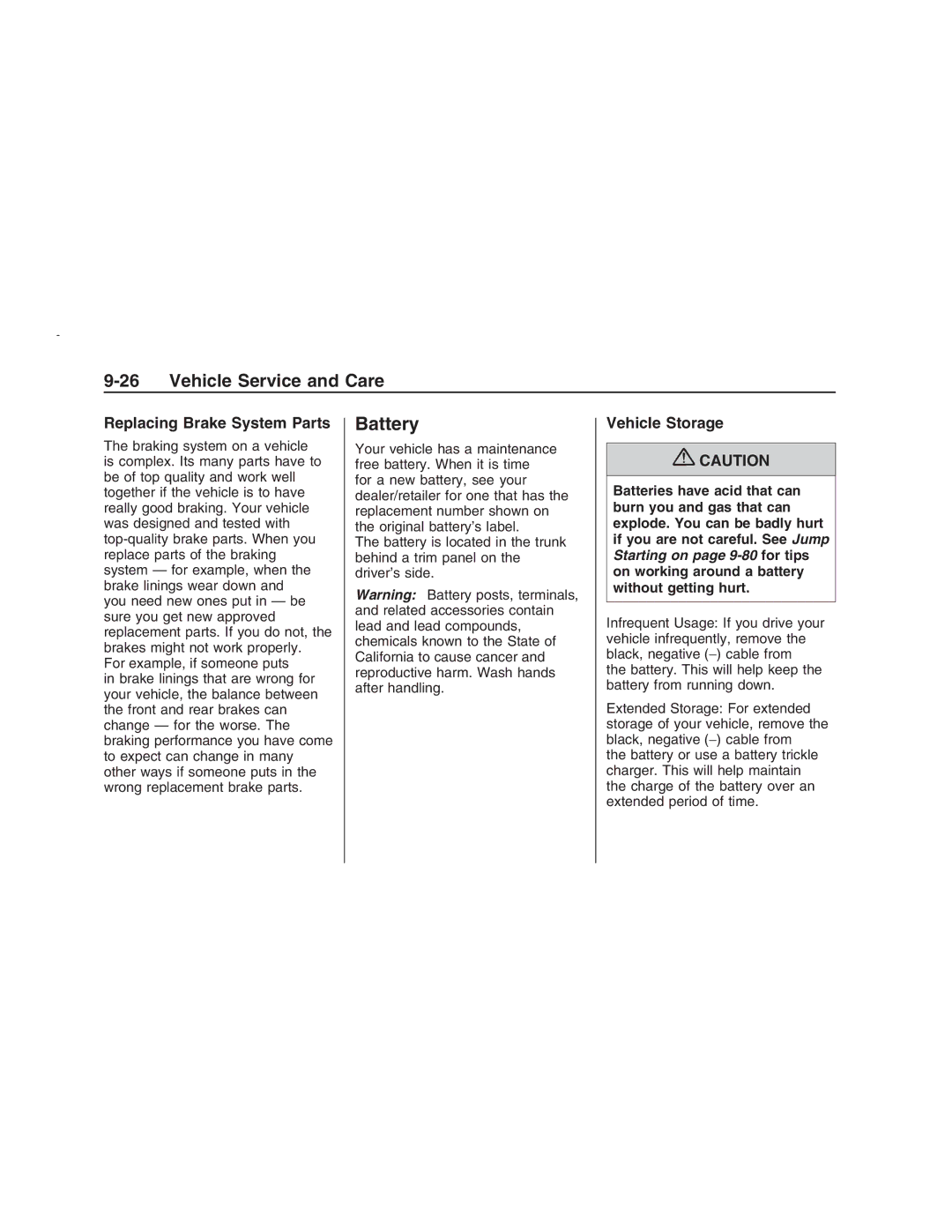 Pontiac G8 manual Battery, Replacing Brake System Parts, Vehicle Storage 