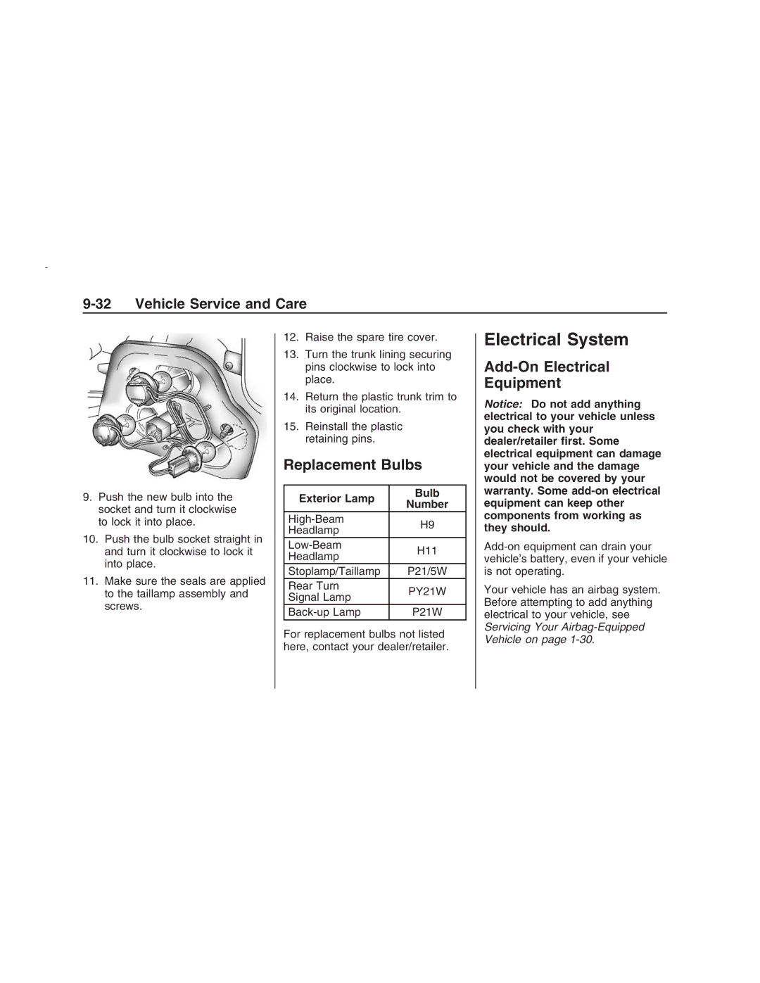 Pontiac G8 manual Electrical System, Replacement Bulbs, Add-On Electrical Equipment, Exterior Lamp Bulb Number 