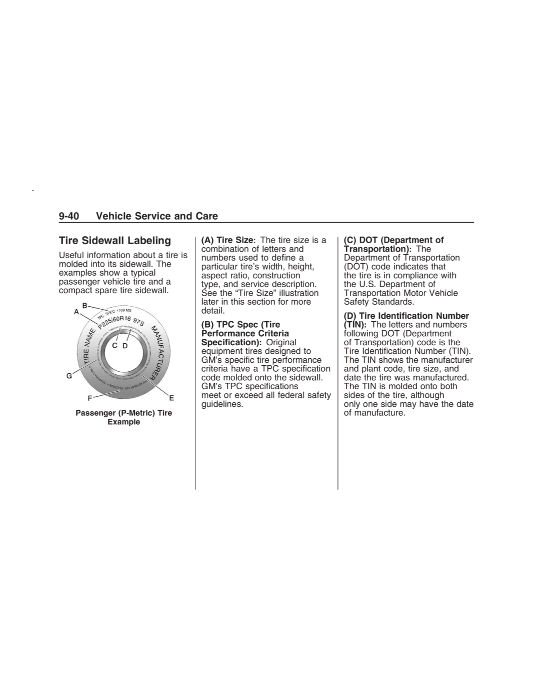 Pontiac G8 manual Tire Sidewall Labeling, Passenger P-Metric Tire Example 