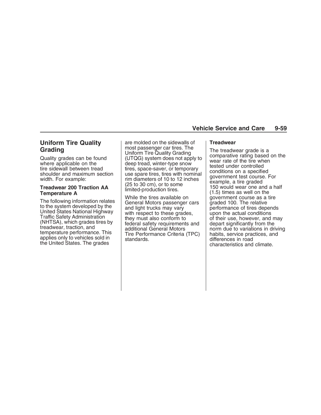 Pontiac G8 manual Uniform Tire Quality Grading, Treadwear 200 Traction AA Temperature a 