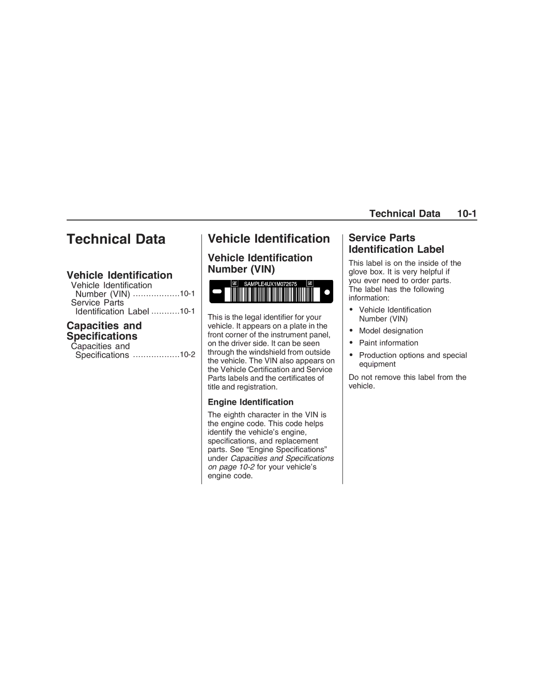 Pontiac G8 manual Capacities Speciﬁcations, Vehicle Identiﬁcation Number VIN, Service Parts Identiﬁcation Label 