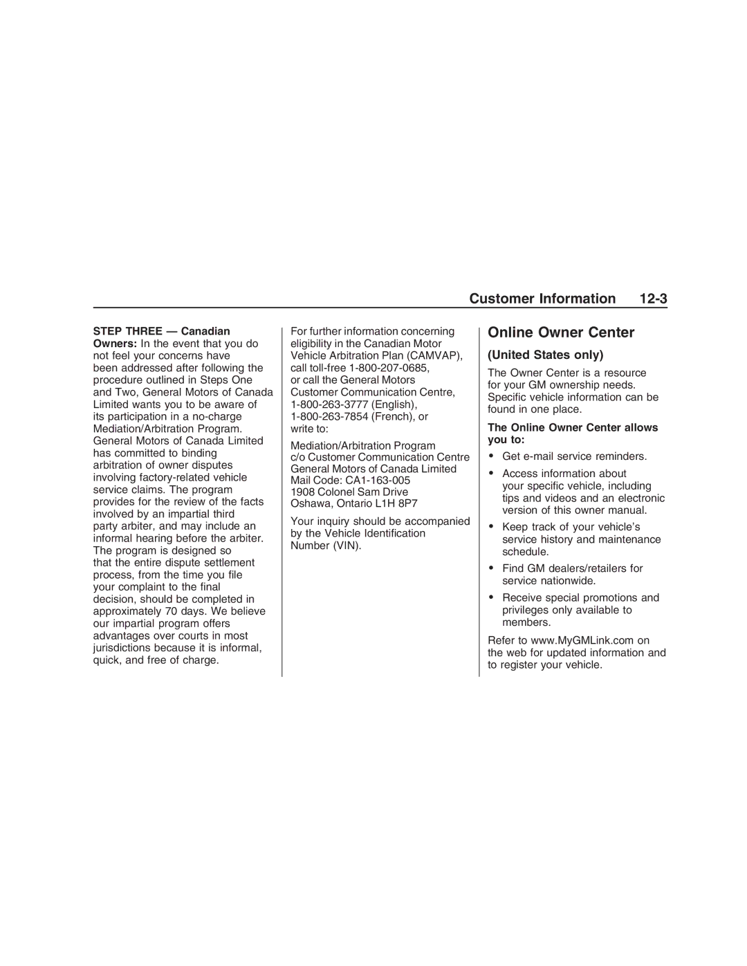 Pontiac G8 manual United States only, Online Owner Center allows you to 