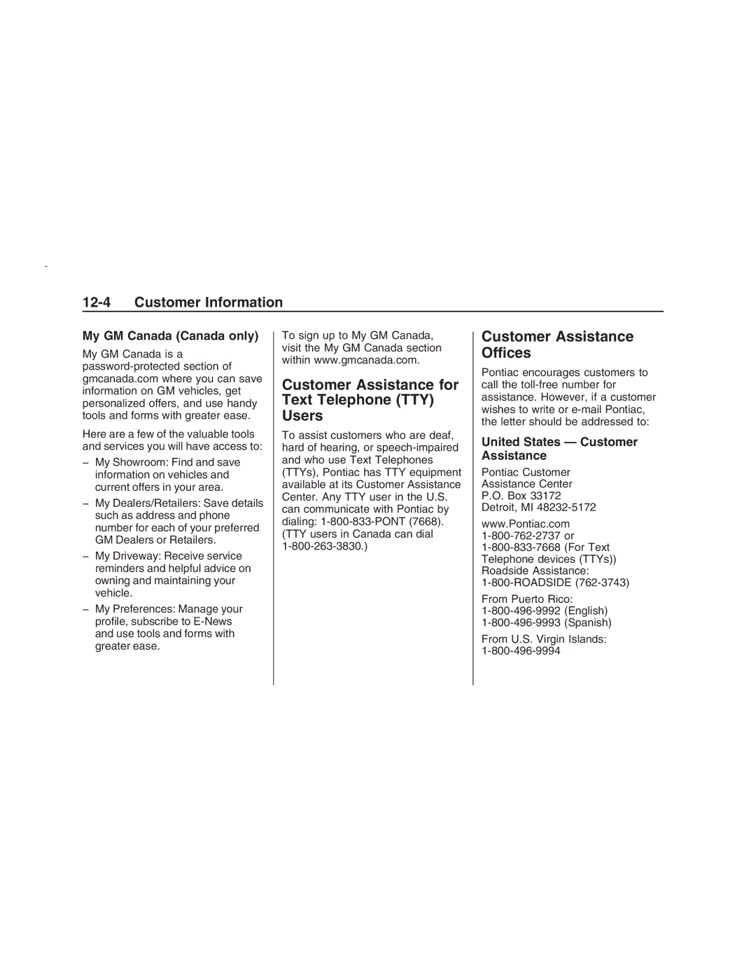 Pontiac G8 manual Customer Assistance for Text Telephone TTY Users, Customer Assistance Offices, My GM Canada Canada only 