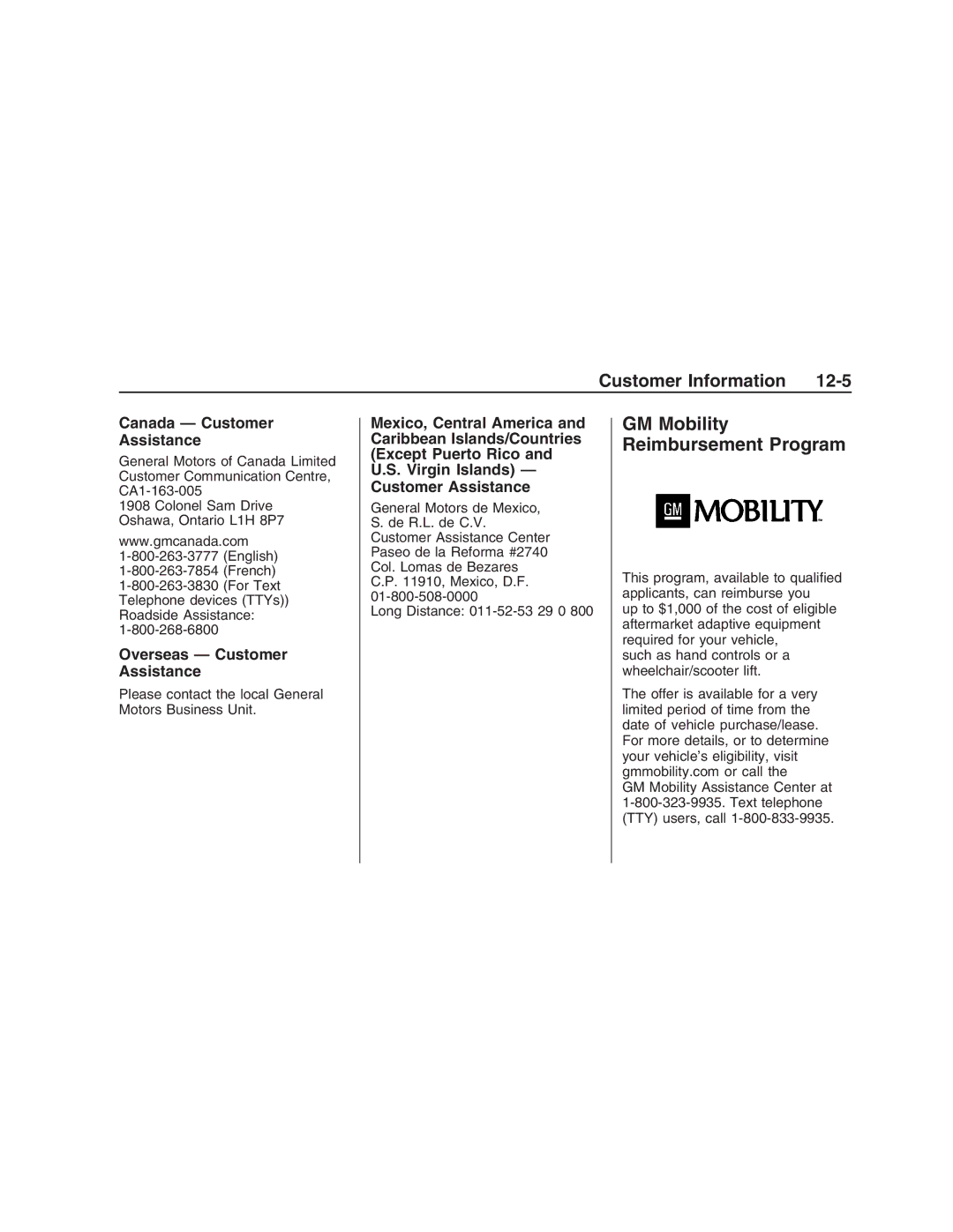 Pontiac G8 manual GM Mobility Reimbursement Program, Canada Customer Assistance, Overseas Customer Assistance 